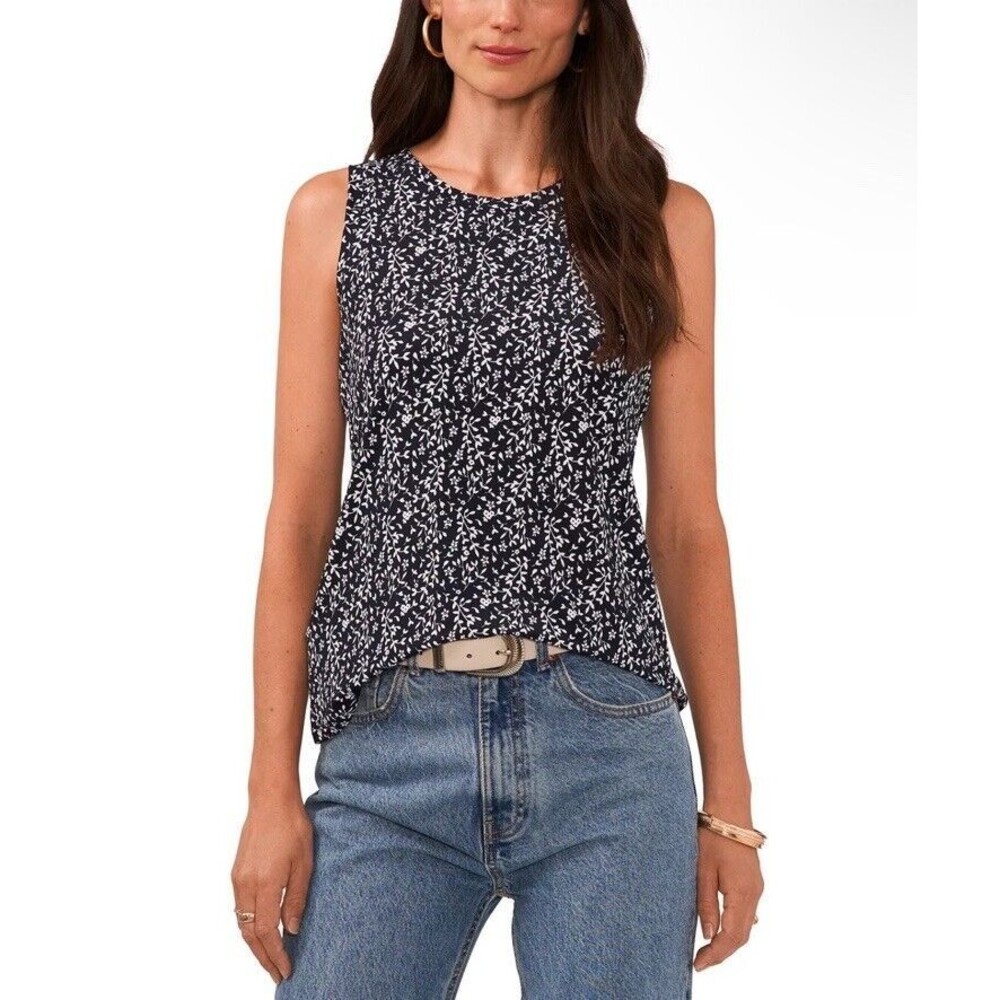 Vince Camuto Women’s Sleeveless Navy White Floral Keyhole Back Tank Top XXS